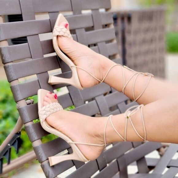 Women's Braided Nude Strappy Pyramid Heel Gladiator Sandals - Picture 7 of 7